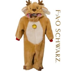F•A•O SWARTZ Baby Reindeer Hooded Onesie W/Feet Zip-Velcro Warm-Cozy Sz 6-9 M